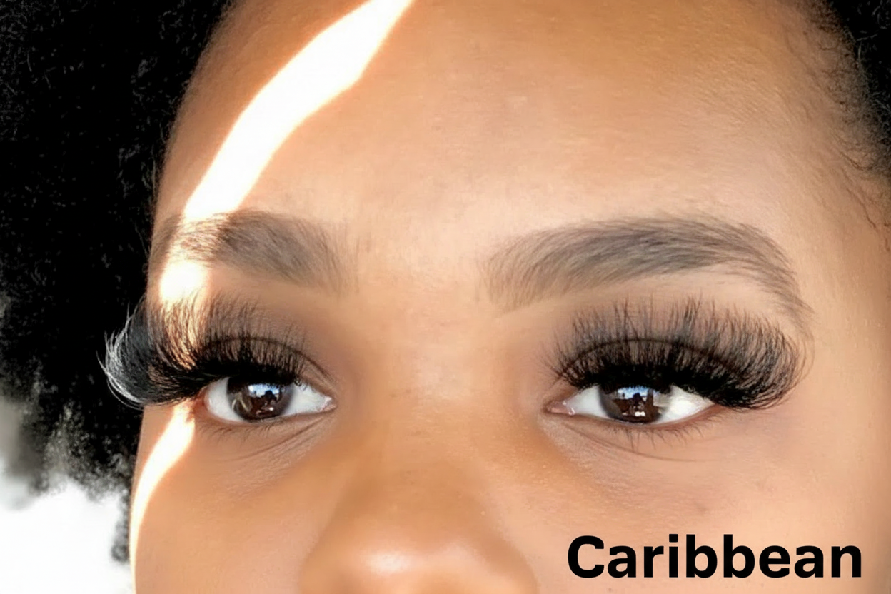 Close-up of a person's eyes with the word 'Caribbean' displayed.