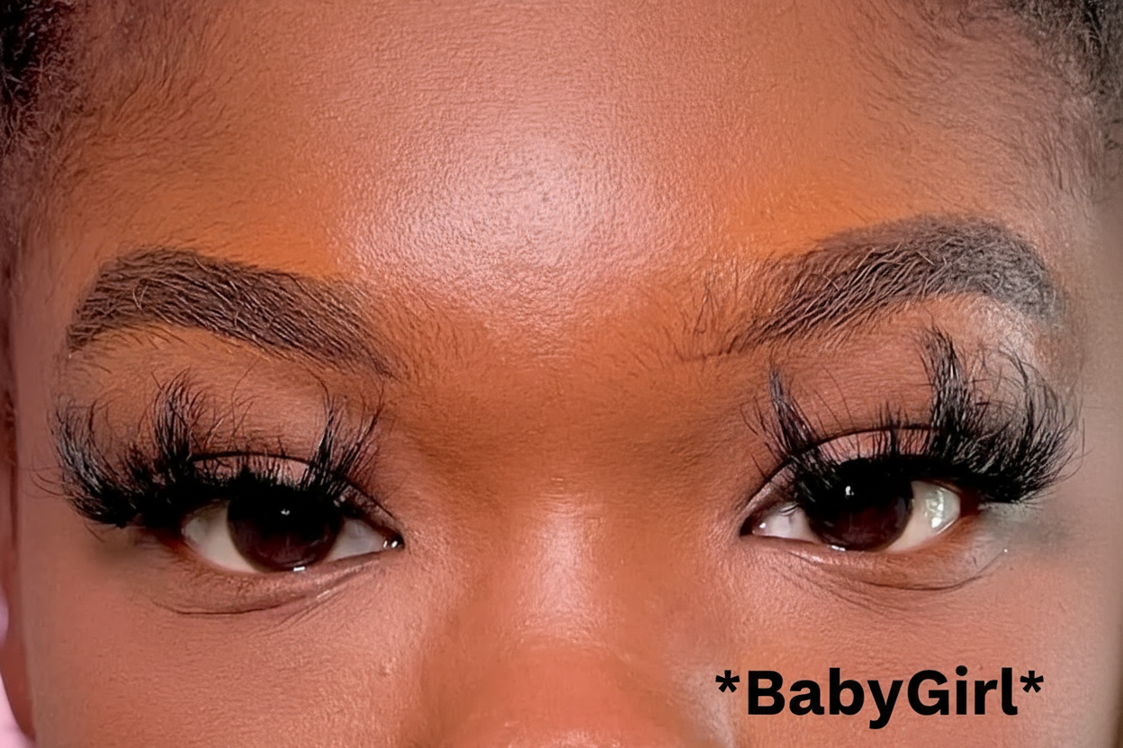 Close-up of a person's eyes with long eyelashes and dark brown eyebrows.