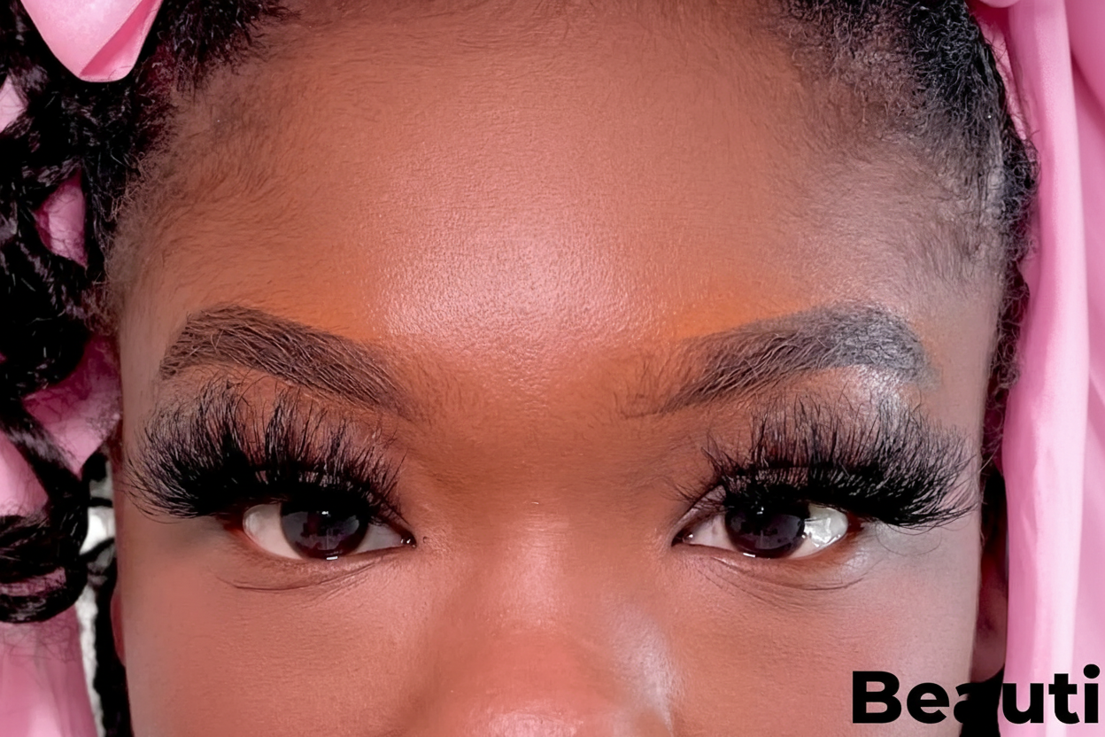 Close-up of a person with voluminous eyelashes and pink hair accessories.