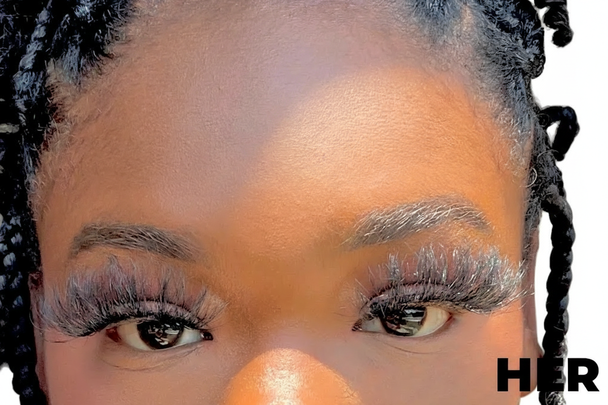 Close-up of a person's face with fluffy false eyelashes on a white background